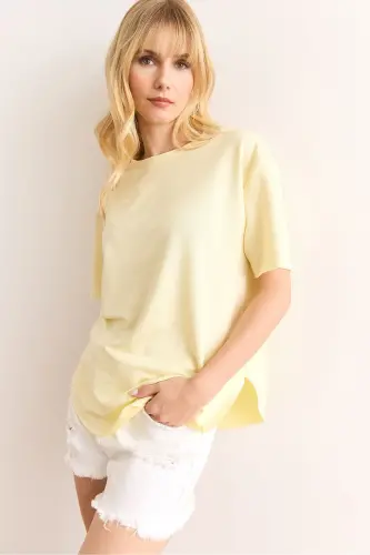 Women's Yellow Modal Buttoned Soft Textured Oval Bottom T - 6
