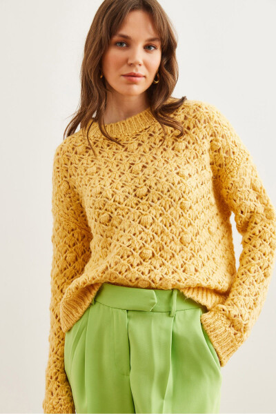 Women's Yellow Openwork Pom Pom Soft Textured Knitted Sweater KZK-19000935 - OLALOOK