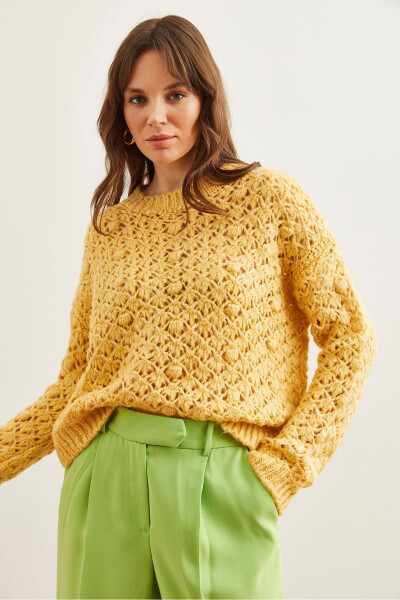 Women's Yellow Openwork Pom Pom Soft Textured Knitted Sweater KZK-19000935 - 3