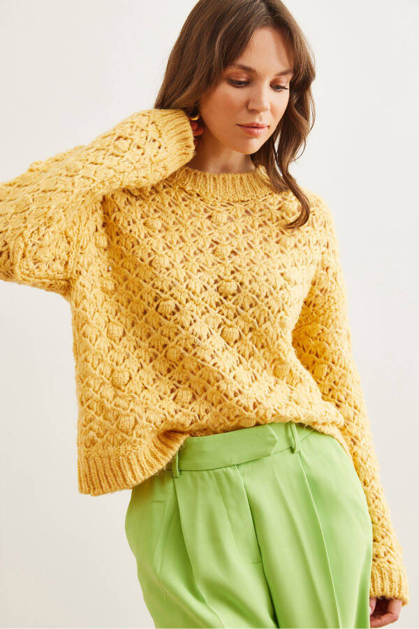 Women's Yellow Openwork Pom Pom Soft Textured Knitted Sweater KZK-19000935 - 4
