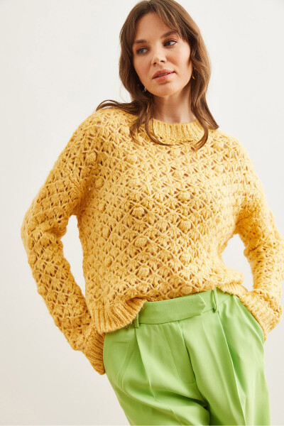 Women's Yellow Openwork Pom Pom Soft Textured Knitted Sweater KZK-19000935 - 5