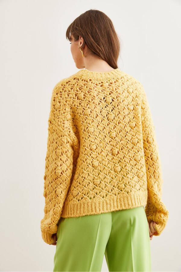 Women's Yellow Openwork Pom Pom Soft Textured Knitted Sweater KZK-19000935 - 6