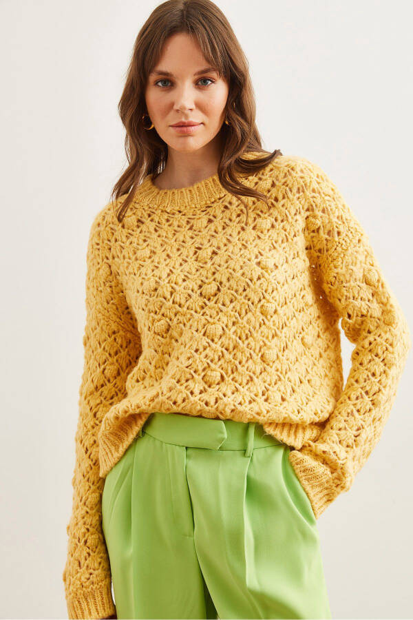 Women's Yellow Openwork Pom Pom Soft Textured Knitted Sweater KZK-19000935 - 2