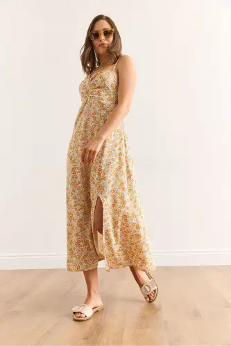 Women's Yellow Orange Adjustable Strap Ruched Front - 3