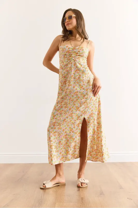 Women's Yellow Orange Adjustable Strap Ruched Front - 5