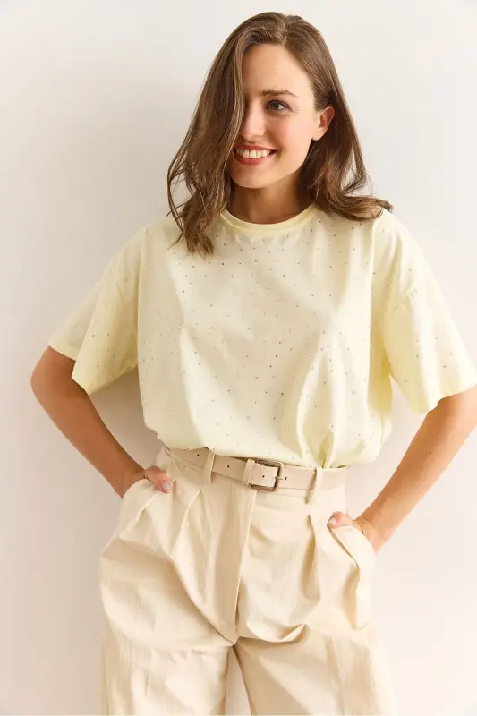 Women's Yellow Print Stone Detailed Regular Fit T-Shirt TS - 5