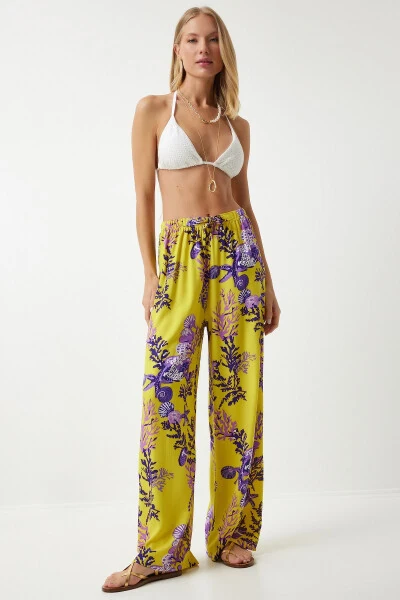 Women's Yellow Purple Patterned Flowy Viscose Palazzo Pants EN00606 - HAPPINESS İSTANBUL
