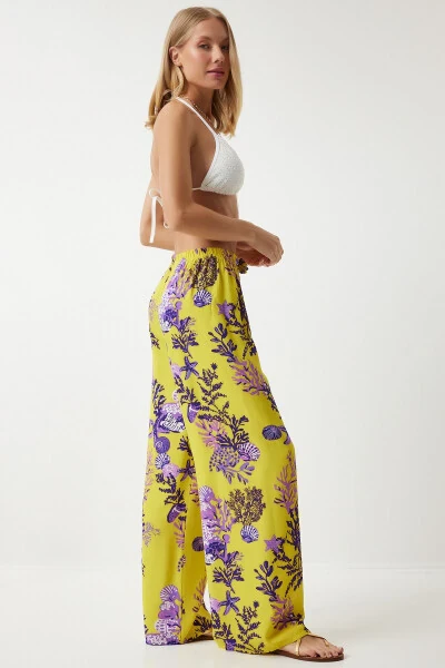 Women's Yellow Purple Patterned Flowy Viscose Palazzo Pants EN00606 - HAPPINESS İSTANBUL (1)