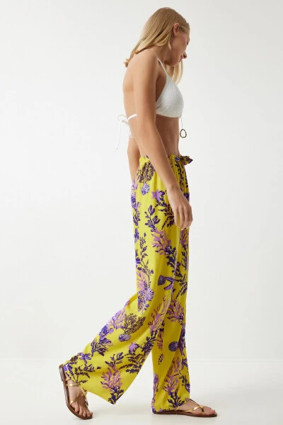 Women's Yellow Purple Patterned Flowy Viscose Palazzo Pants EN00606 - 3