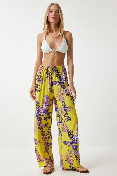 Women's Yellow Purple Patterned Flowy Viscose Palazzo Pants EN00606 - 4