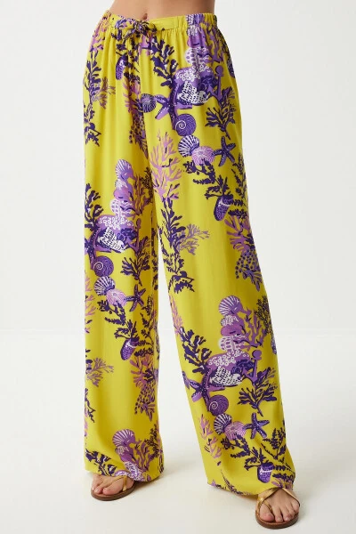 Women's Yellow Purple Patterned Flowy Viscose Palazzo Pants EN00606 - 5