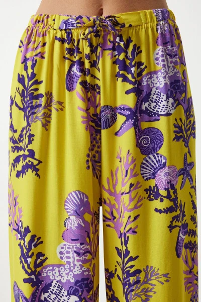 Women's Yellow Purple Patterned Flowy Viscose Palazzo Pants EN00606 - 6