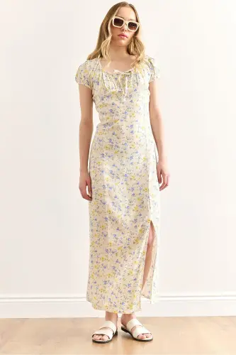 Womens Yellow Slit Blue Floral Woven Viscose Dress - 1