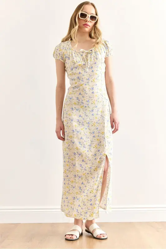 Womens Yellow Slit Blue Floral Woven Viscose Dress - OLALOOK