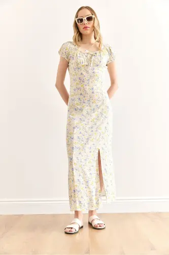 Womens Yellow Slit Blue Floral Woven Viscose Dress - 3