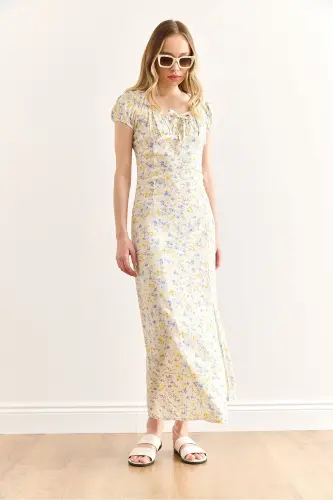 Womens Yellow Slit Blue Floral Woven Viscose Dress - 4