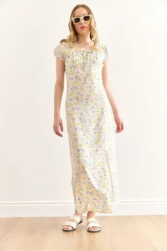 Womens Yellow Slit Blue Floral Woven Viscose Dress - 5