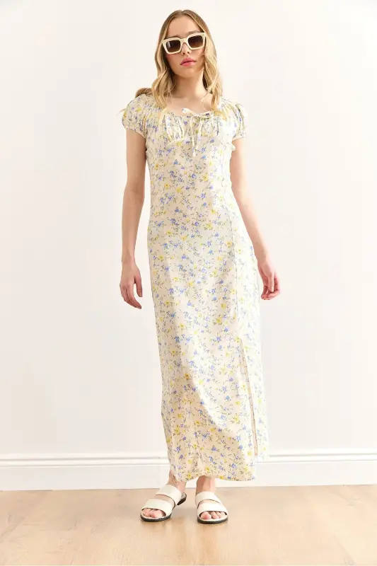 Womens Yellow Slit Blue Floral Woven Viscose Dress - 5