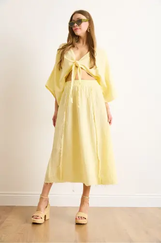 Women's Yellow Smocked Waist Crinkled Muslin Skirt ETK-19000310-Yellow - 3
