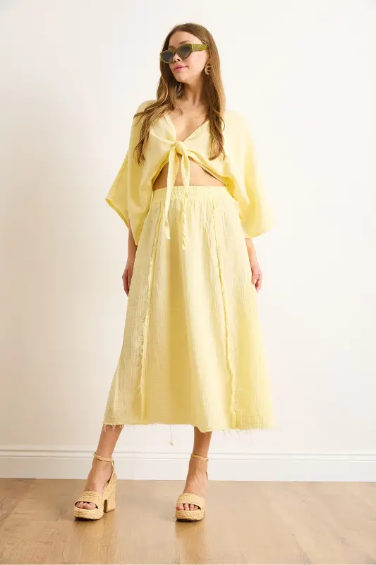 Women's Yellow Smocked Waist Crinkled Muslin Skirt ETK-19000310-Yellow - 3