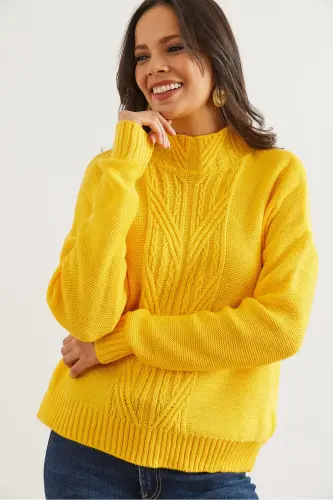 Women's Yellow Turtleneck Center Braided Knit Sweater KZK-19000912-Yellow - 3