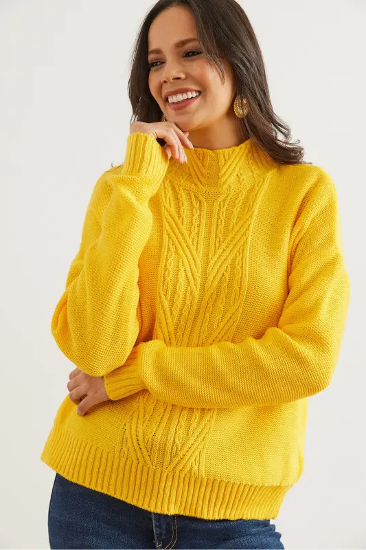 Women's Yellow Turtleneck Center Braided Knit Sweater KZK-19000912-Yellow - 3