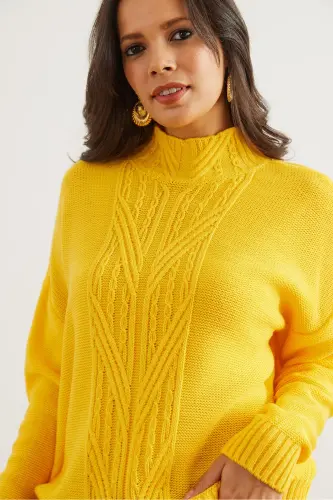 Women's Yellow Turtleneck Center Braided Knit Sweater KZK-19000912-Yellow - 4