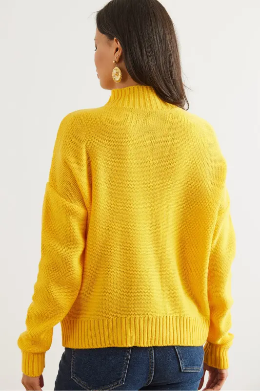 Women's Yellow Turtleneck Center Braided Knit Sweater KZK-19000912-Yellow - 7
