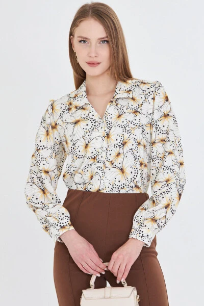 Women's Yellow V-Neck Balloon Sleeve Patterned Shirt ARM-25Y 