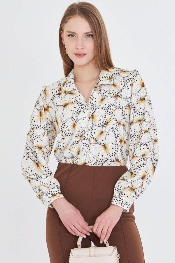 Women's Yellow V-Neck Balloon Sleeve Patterned Shirt ARM-25Y - 1