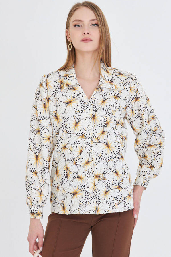 Women's Yellow V-Neck Balloon Sleeve Patterned Shirt ARM-25Y - 4