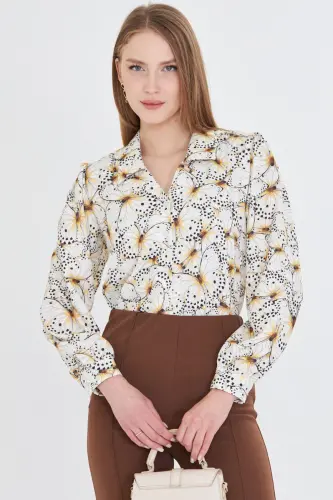 Women's Yellow V-Neck Balloon Sleeve Patterned Shirt ARM-25Y - ARMONIKA (1)