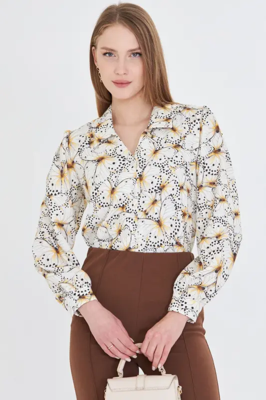 Women's Yellow V-Neck Balloon Sleeve Patterned Shirt ARM-25Y - 2