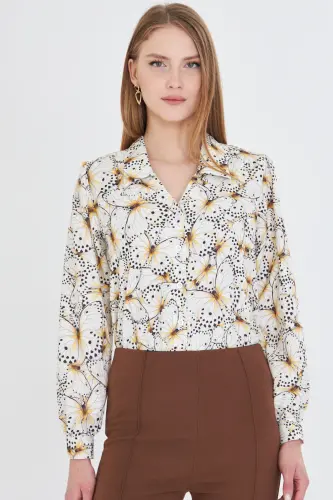 Women's Yellow V-Neck Balloon Sleeve Patterned Shirt ARM-25Y - 4