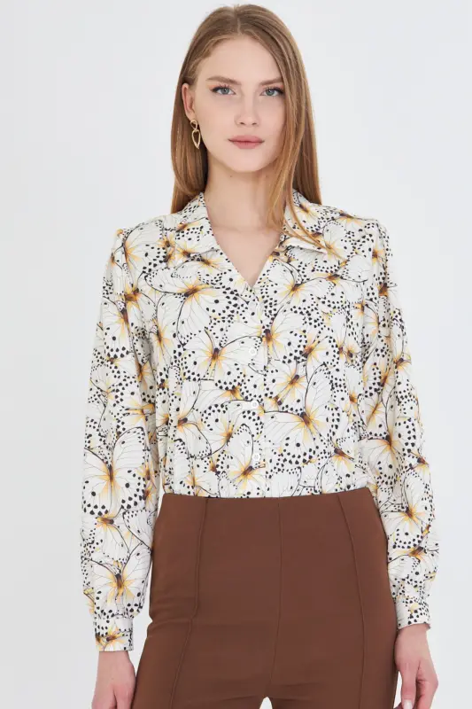Women's Yellow V-Neck Balloon Sleeve Patterned Shirt ARM-25Y - 4