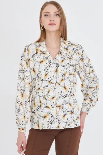 Women's Yellow V-Neck Balloon Sleeve Patterned Shirt ARM-25Y - 5