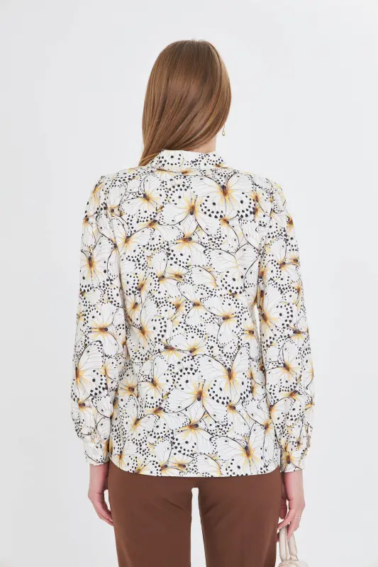 Women's Yellow V-Neck Balloon Sleeve Patterned Shirt ARM-25Y - 6