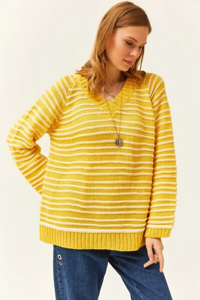Women's Yellow V-Neck Striped Soft Touch Knit Pullover Sweater KZK-19000739 - 1