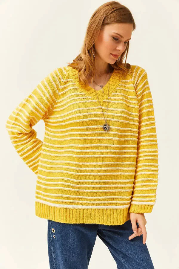 Women's Yellow V-Neck Striped Soft Touch Knit Pullover Sweater KZK-19000739 - 1
