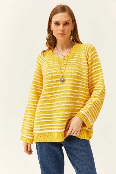 Women's Yellow V-Neck Striped Soft Touch Knit Pullover Sweater KZK-19000739 - 2