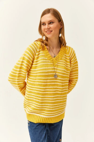 Women's Yellow V-Neck Striped Soft Touch Knit Pullover Sweater KZK-19000739 - 3