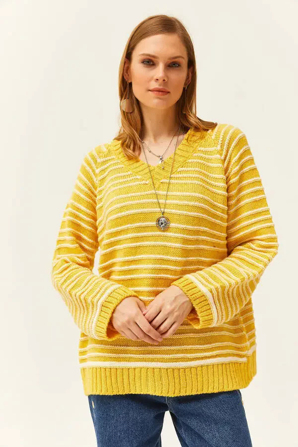 Women's Yellow V-Neck Striped Soft Touch Knit Pullover Sweater KZK-19000739 - 4