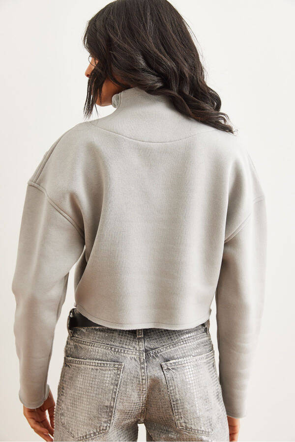 Women's Yunus Gray High Neck Zippered Thistle Crop Thick Sweatshirt SWT-19000696 - 7