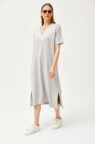 Women's Yunus Gray V-Neck Slit Detail Soft Touch Dress ELB-19002063-Yunus Gray - OLALOOK (1)