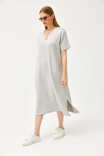Women's Yunus Gray V-Neck Slit Detail Soft Touch Dress ELB-19002063-Yunus Gray - 3
