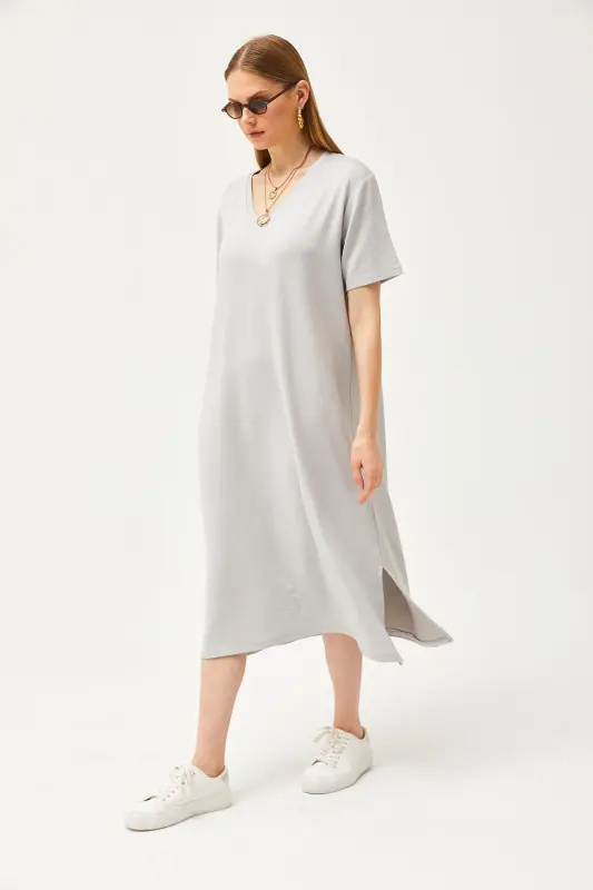 Women's Yunus Gray V-Neck Slit Detail Soft Touch Dress ELB-19002063-Yunus Gray - 3