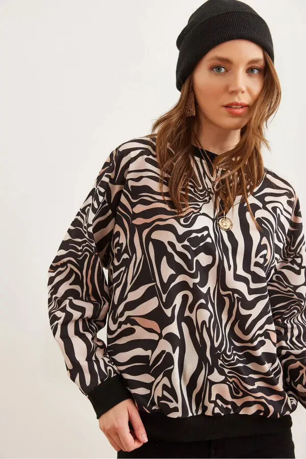 Women's Zebra Beige Basic Soft Textured Loose Sweatshirt SWT-19000457 - 1