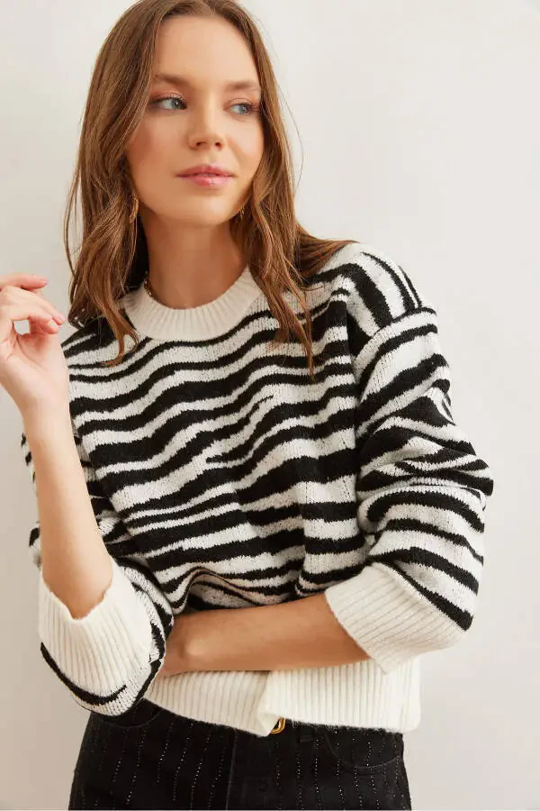 Women's Zebra Black Soft Textured Thick Knit Sweater KZK-19000848 - 1