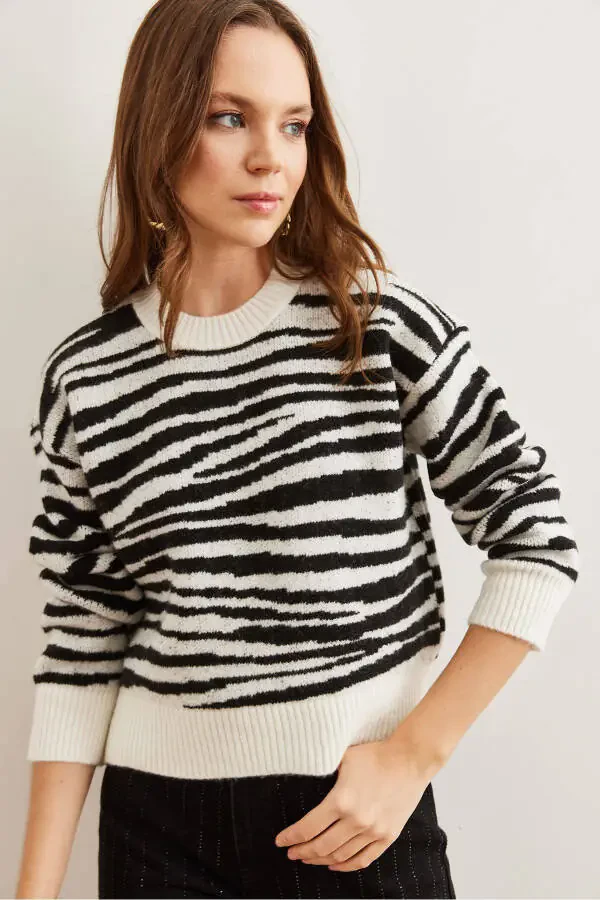 Women's Zebra Black Soft Textured Thick Knit Sweater KZK-19000848 - 2