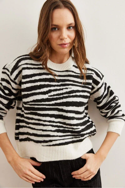 Women's Zebra Black Soft Textured Thick Knit Sweater KZK-19000848 - 3